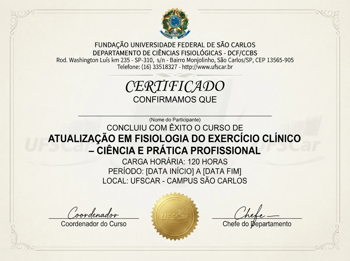 Modelo de certificado do Curso de Atualização em Fisiologia do Exercício Clínico