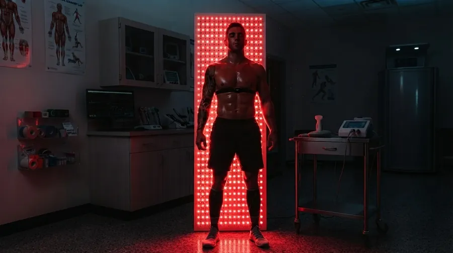 Fotobiomodulação — atleta sob painel de luz vermelha terapêutica em ambiente clínico