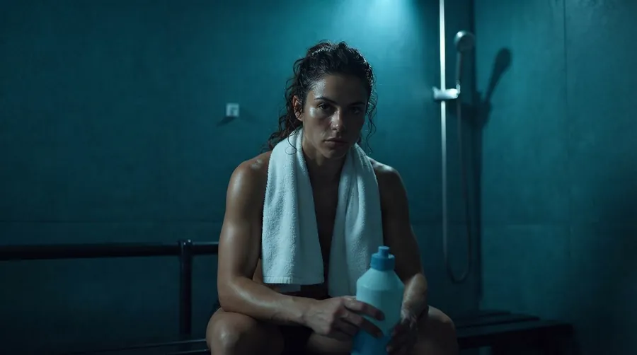 Recuperação muscular — atleta exausta sentada no vestiário após o treino