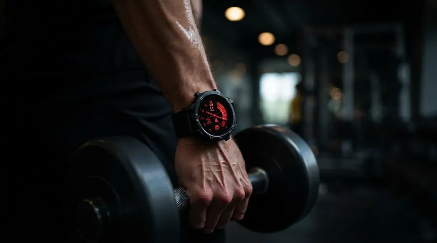 Smartwatch no pulso durante levantamento de peso na academia